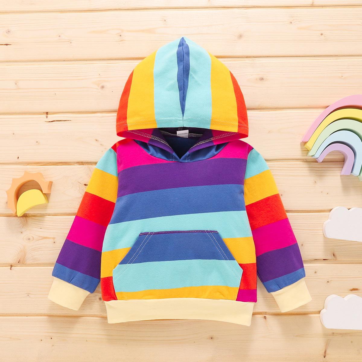 Toddler Kids Children's Rainbow Printed Long Sleeve Hooded Top - PrettyKid