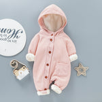 Baby Boys Girls Button Hooded Long Sleeved Plush Jumpsuit - PrettyKid