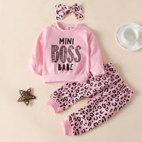Toddler Kids Girls' Solid Color Letter Round Neck Sweater Leopard Pants Set - PrettyKid