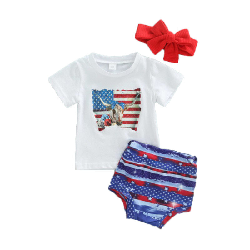 Independence Day Suit 2022 Summer New Boys and Girls Star Stripes Printed Short-sleeved T-shirt Shorts Two-piece Set - PrettyKid