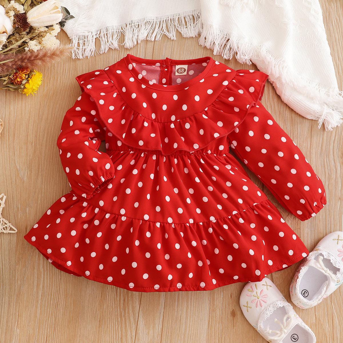 Toddler Girls Red Wave Dot Long Sleeve Dress - PrettyKid