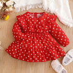 Toddler Girls Red Wave Dot Long Sleeve Dress - PrettyKid