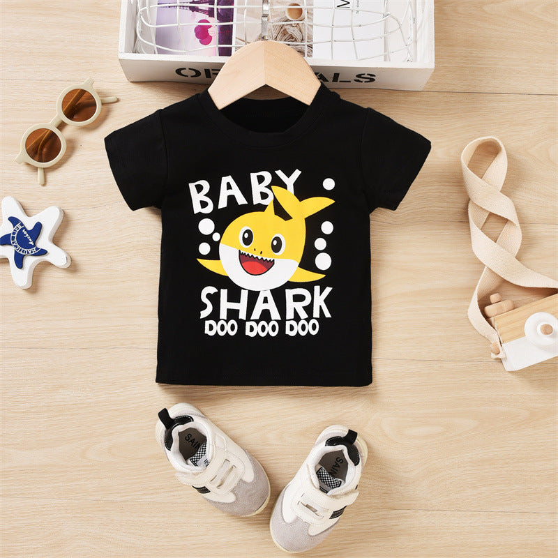 Toddler kids Summer Solid Cartoon Shark Print Short Sleeve T-Shirt Perforated Denim Shorts Set - PrettyKid