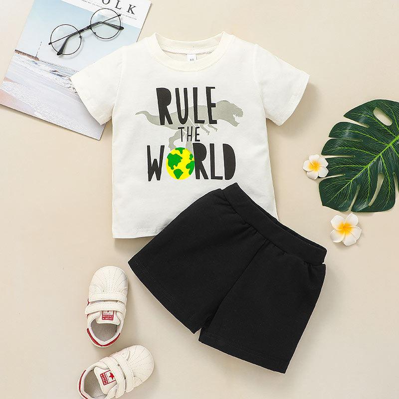 Toddler Kids Boys Summer Solid Color Short-sleeved Letter Print Top Solid Color Shorts Set - PrettyKid