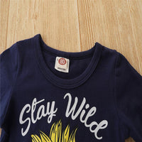 Toddler Kids Girls Solid Letter Top Stripe Sunflower Flared Pants Set - PrettyKid