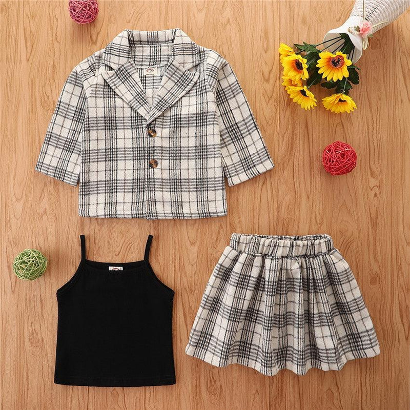 Toddler Kids Girls' Solid Color Suspender Plaid Print Coat Short Skirt Suit - PrettyKid