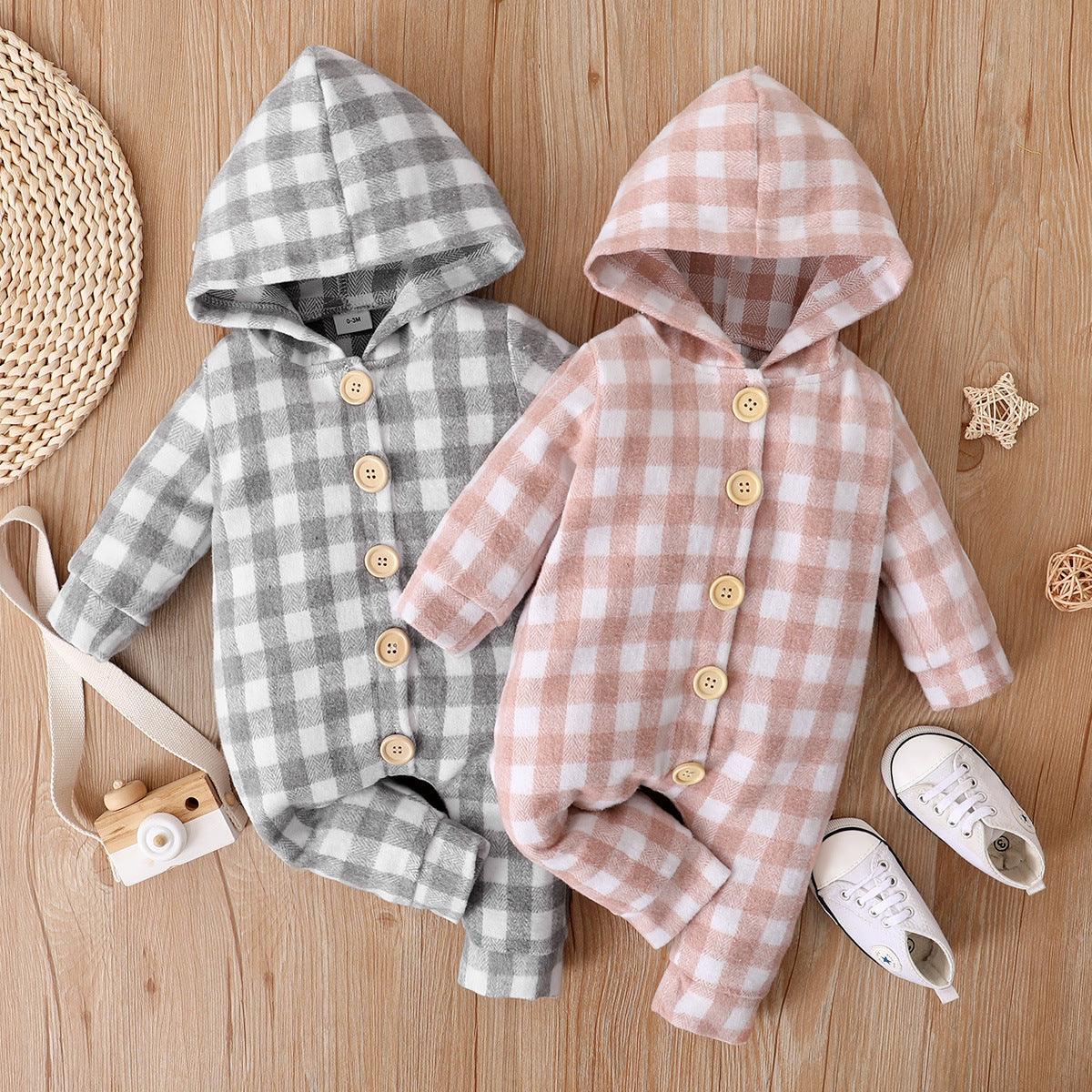 Baby Boys Girls Plaid Print Hooded Long Sleeved Jumpsuit - PrettyKid