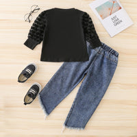 Toddler Kids Girl's Black Mesh Love Embroidery Long Sleeve Top Denim Pants Set - PrettyKid