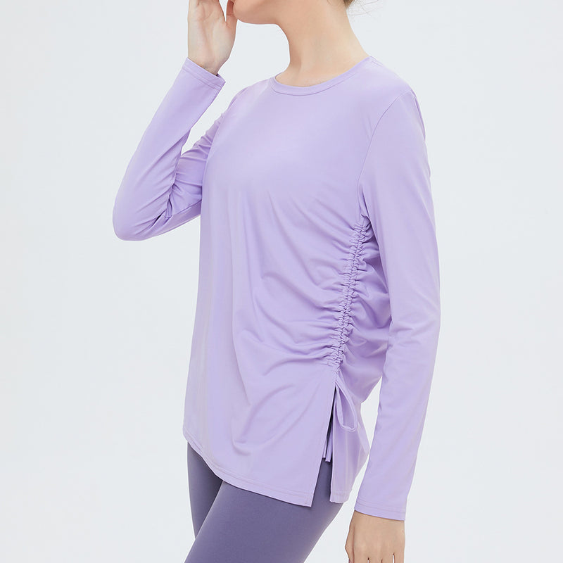 Women Round Neck Yoga Wear Loose Long-sleeved Sports Tops Thin Running Fitness Wear Single Side Drawstring - PrettyKid