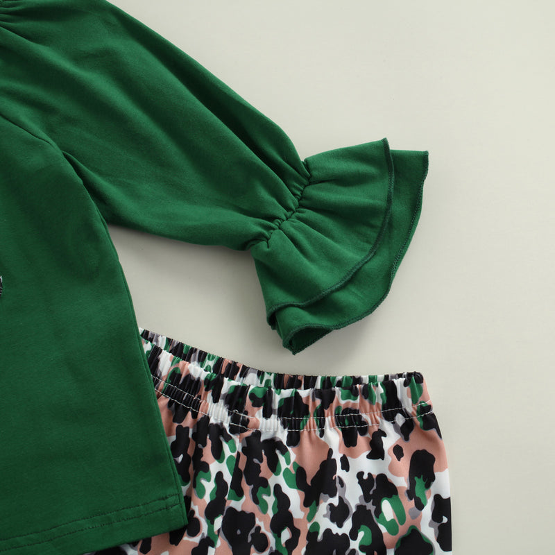 Toddler Kids Girls Green Round Neck Trumpet Sleeve Top Leopard Clover Long Sleeve Set - PrettyKid