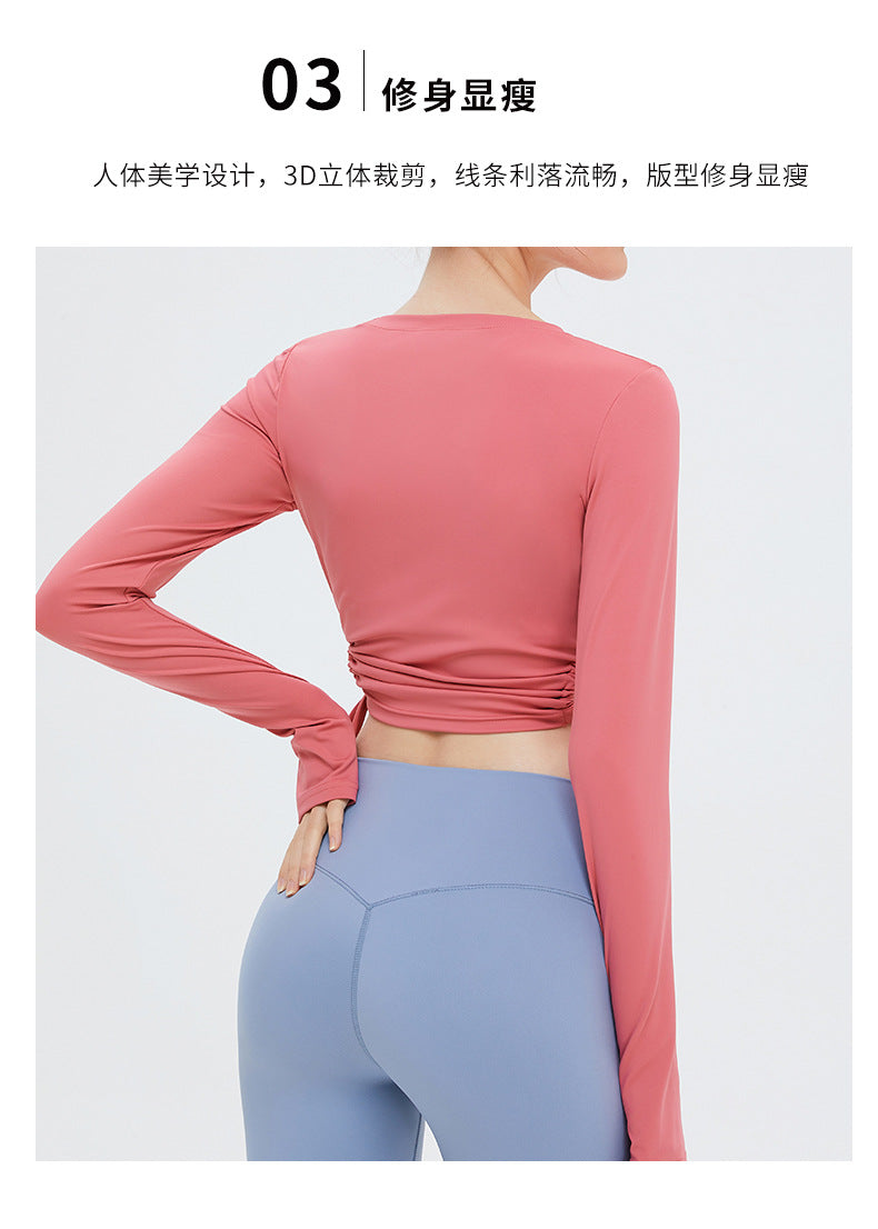 Women Yoga Clothes Female Sides Hollow Drawstring Short Simple Yoga Clothes Long Sleeve Top - PrettyKid