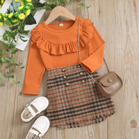 Children Girls Long Sleeve Round Neck Lace Knit Top Plaid Half Skirt Set - PrettyKid