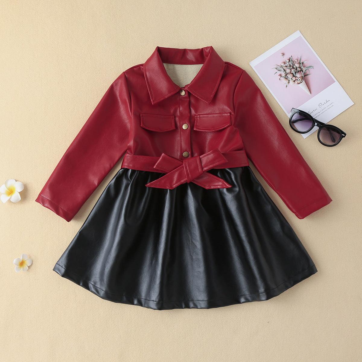 Girls' Autumn and Winter Leather Jacket Medium Length Splicing PU Leather Skirt Coat - PrettyKid