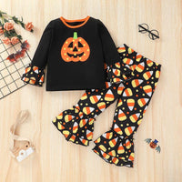 Toddler Kids Girls Halloween Pumpkin Print T-Shirt Striped Flared Pants Set Wholesale Childrens Clothing Online - PrettyKid