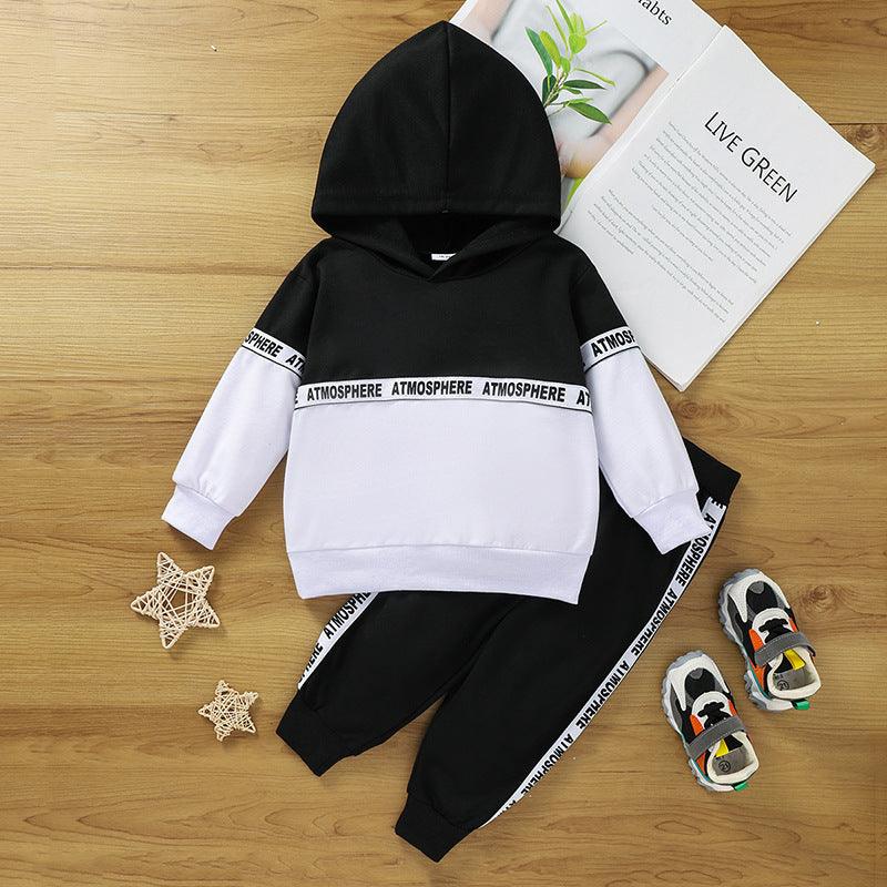 Toddler Kids Boys Solid Color Letters Patchwork Hooded Long Sleeved Suit - PrettyKid