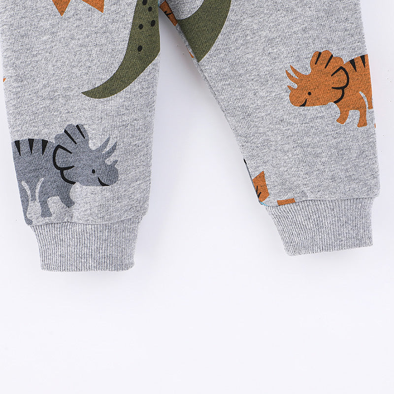 Toddler Kids Boys Solid Color Cartoon Dinosaur Long-sleeved Hooded Sweatshirt and Long Pants Set - PrettyKid