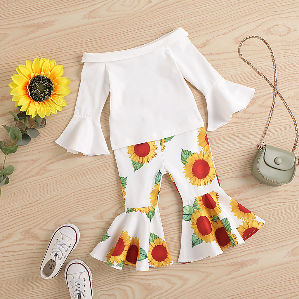 Toddler Kids Girls White Trumpet Sleeve Top Sunflower Print Pants Set - PrettyKid