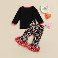 Toddler Kids Girls Solid Love Letter Embroidered Top Leopard Flared Pants Set - PrettyKid