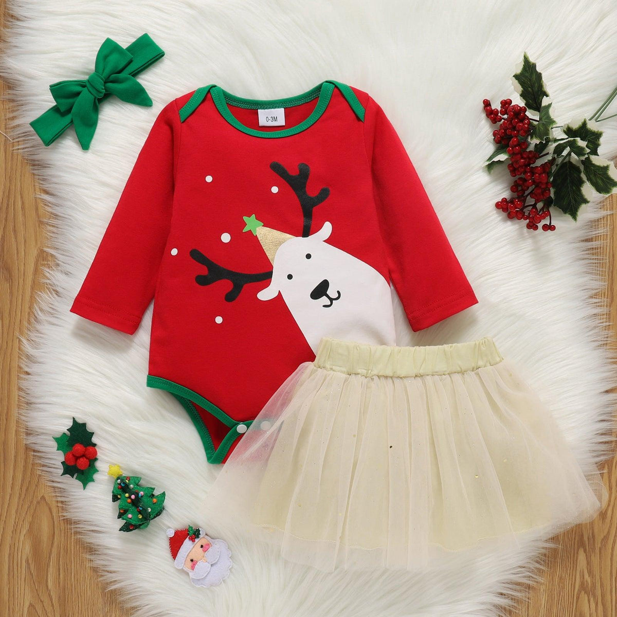 Baby Girls Christmas Deer Long Sleeve One-piece Dress Mesh Skirt Set - PrettyKid