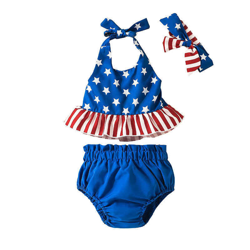 Toddler Girls Striped Print Suspender Top Solid Color Briefs Independent Day Suit - PrettyKid