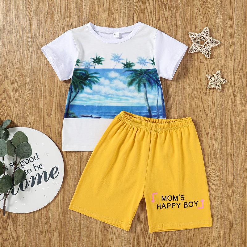 Toddler Kids Boys Solid Beach Coconut Tree Print T-shirt Solid Shorts Summer Set - PrettyKid