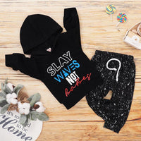 Toddler Kids Boys Letter Print Hooded Sweatshirt Black Long-sleeved Suit - PrettyKid