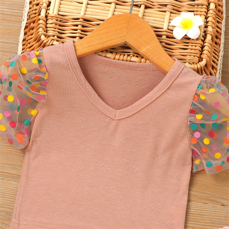 Toddler Kids Girl Solid Color Dot Mesh Stitched Short Sleeve V-neck T-shirt - PrettyKid