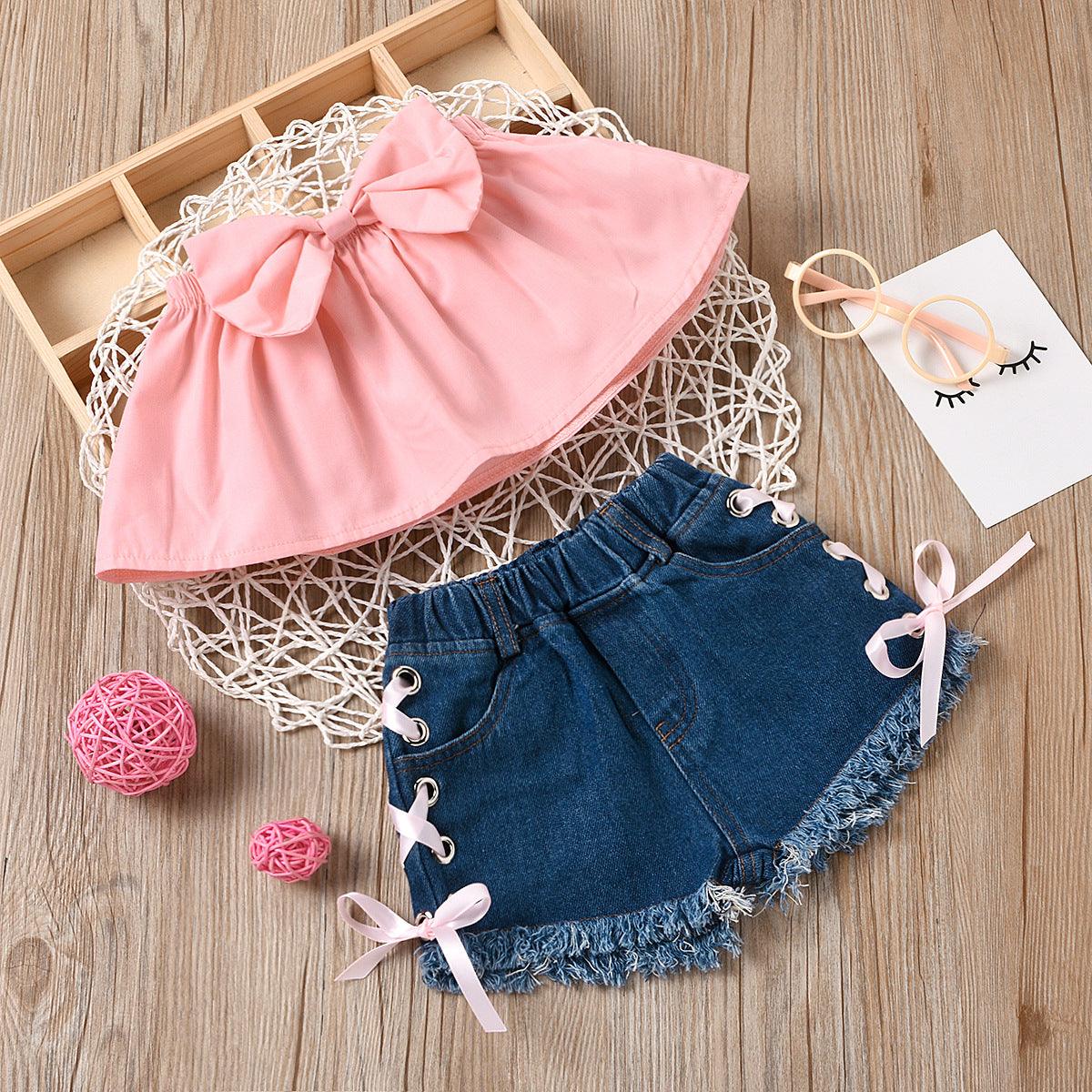 Girls' Solid Color Bow Bra Top Lace-up Denim Shorts Two-piece Set