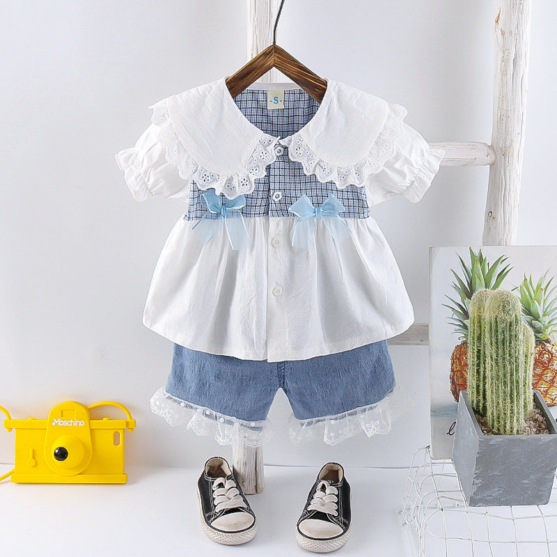 Toddler Girls Solid Plaid Print Lace Panel Short Sleeve Shorts Set - PrettyKid