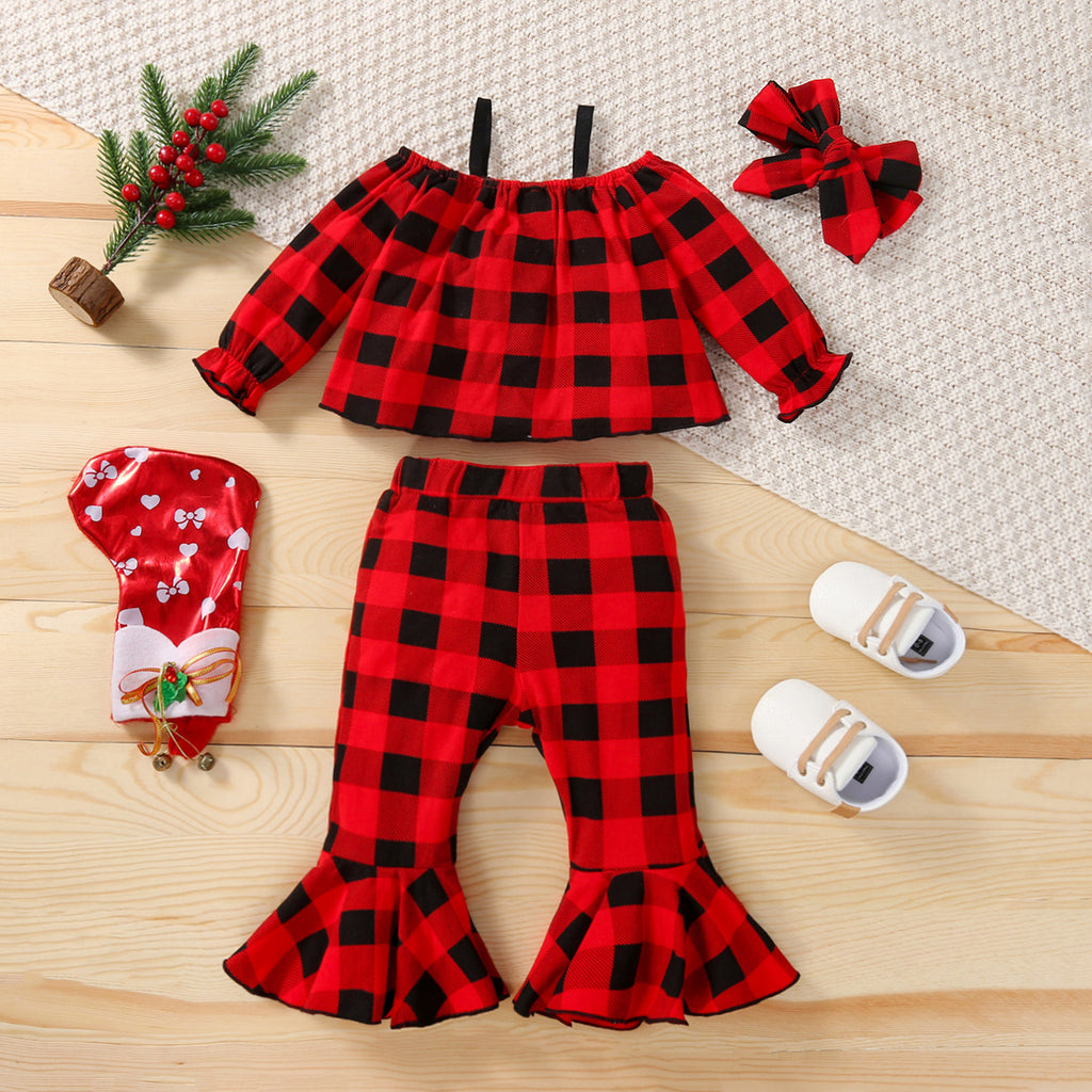 Toddler Girls' Plaid Long Sleeve Suspender Top Flared Pants Set Kids Clothes Vendors - PrettyKid