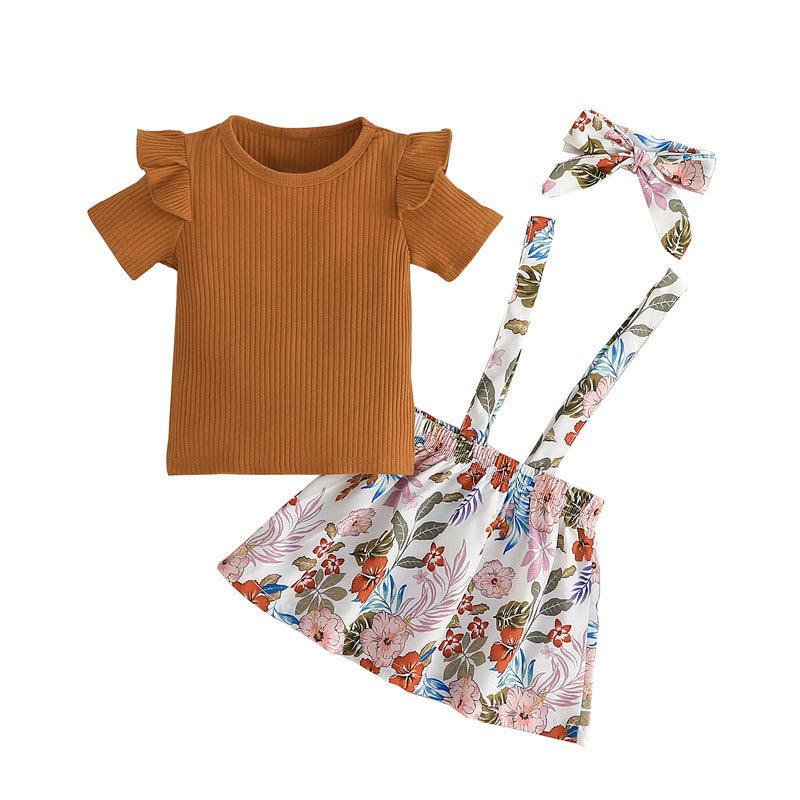 Solid Color T-shirt+printed Skirt+headband Three-piece Set of 2023 New Printed Belt Skirt Set - PrettyKid