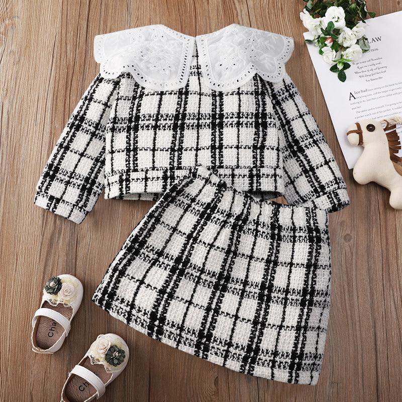 Toddler Kids Girls Black and White Plaid Printed Lace Top Skirt Set - PrettyKid