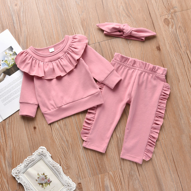 Toddler Girls Pink Ruffle Stitched Round Neck Long Sleeve Suit - PrettyKid