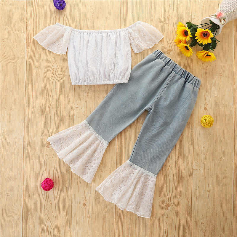 Toddler Kids Girl White Lace Short Sleeve Top Denim Flared Pants Set - PrettyKid