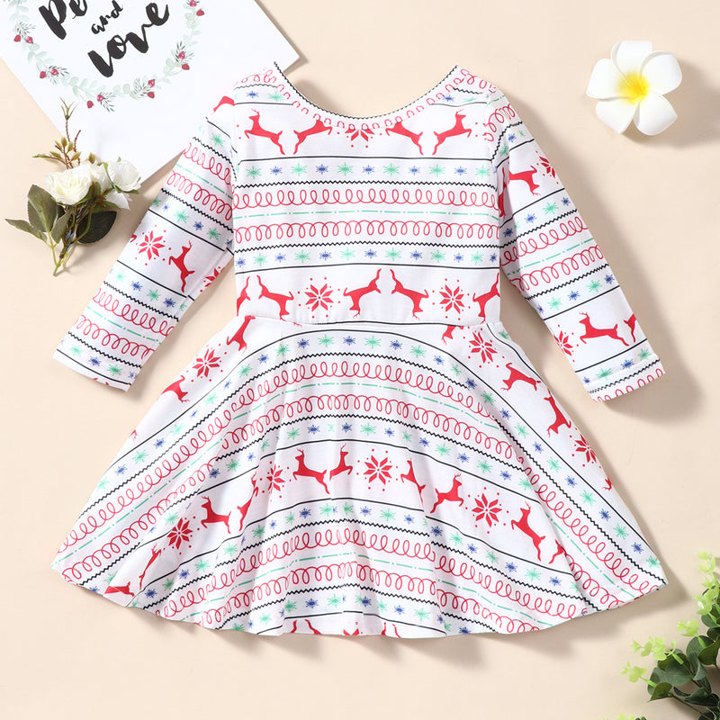 Toddler Girls Long-sleeved Christmas Moose Print Dress - PrettyKid