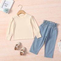 Toddler Girls Solid Color Long Sleeve T-shirt High Waist Denim Bud Pants Set - PrettyKid