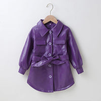 Children Girls Solid Color Lace Up Leather Jacket PU Leather Coat - PrettyKid