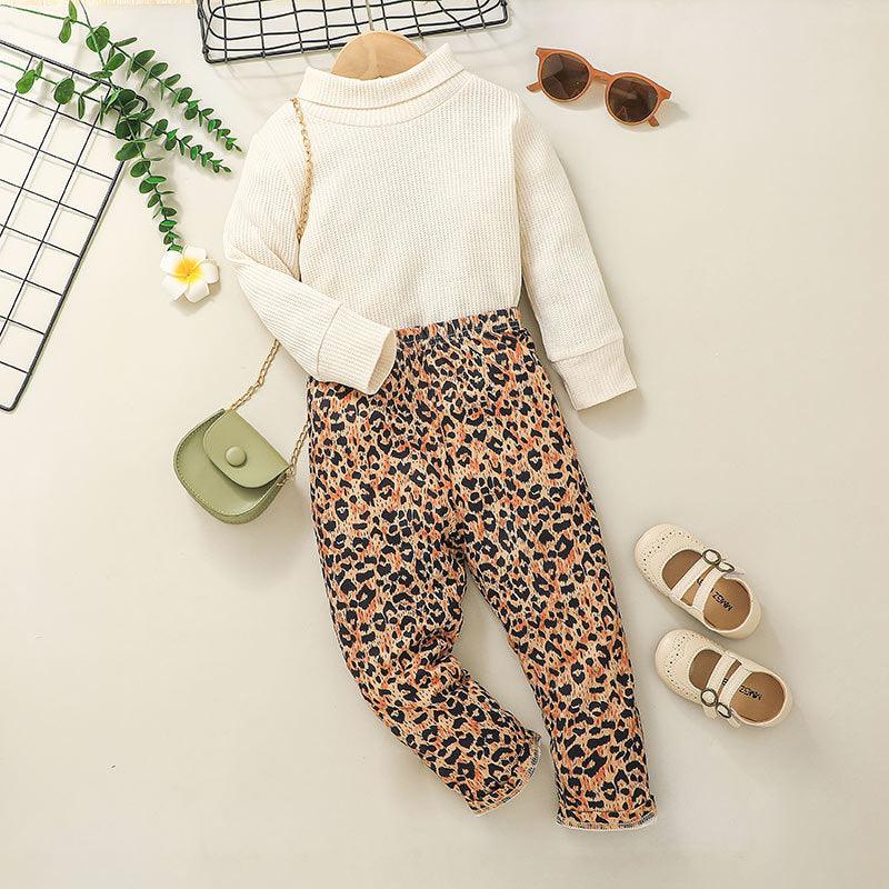 Toddler Kids Girls' Solid Color High Collar Top Leopard Print Pants Set - PrettyKid