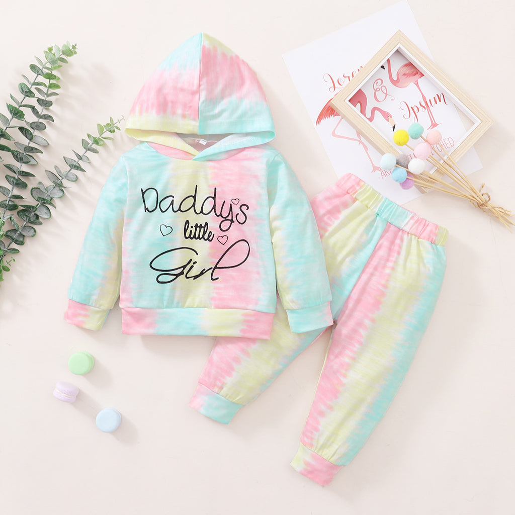 Toddler Girls' Long Sleeve Tie-dyed Lettered Printed Hooded Sweater Set - PrettyKid