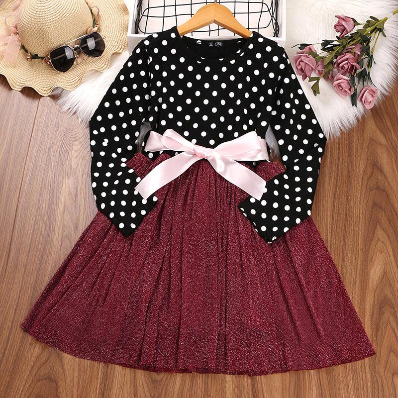 Children Girls' Solid Color Polka Dot Long Sleeved Dresses - PrettyKid