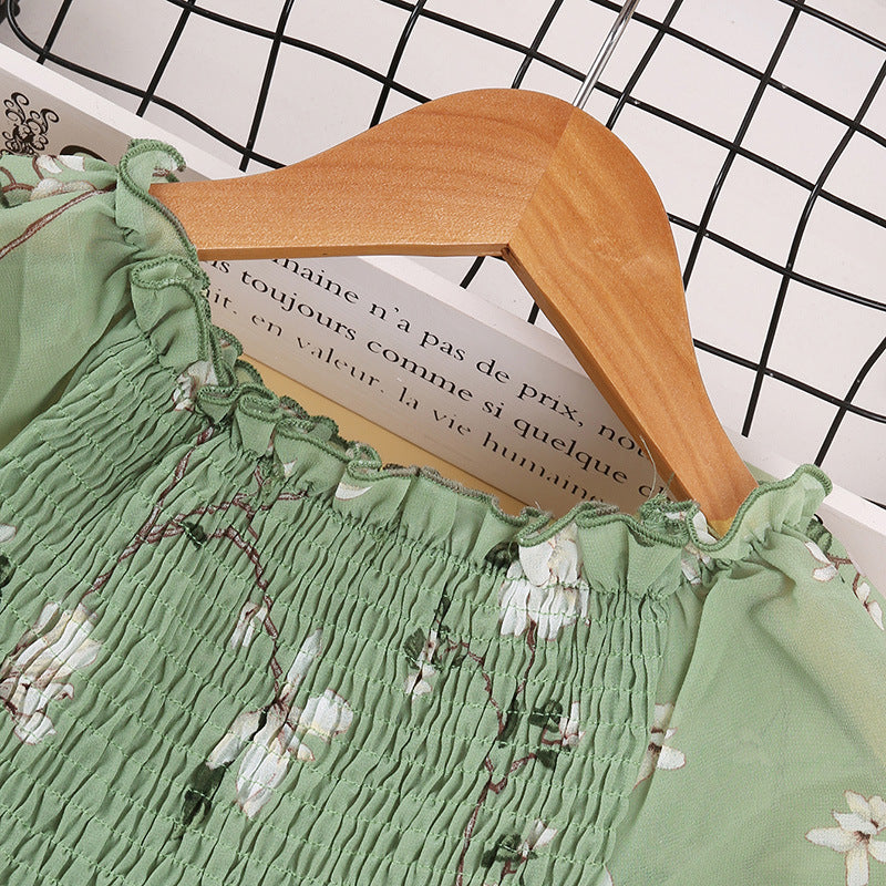 Kids Girls Solid Flower Print Short Sleeve Cake Dress - PrettyKid