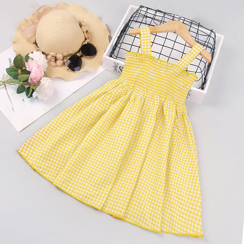Toddler Kids Girls Summer Solid Color Daisy Plaid Sheath Camisole Dress - PrettyKid