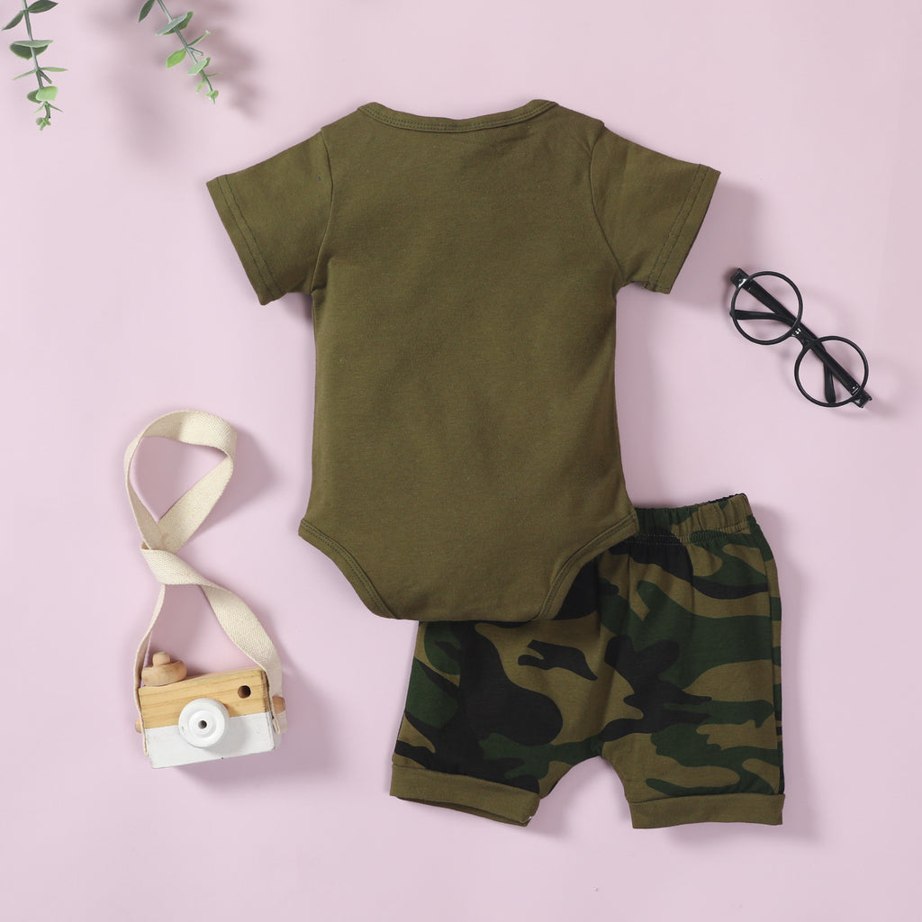 Toddler Boys Solid Color Letter Print Short-sleeved Top Camouflage Shorts Set - PrettyKid