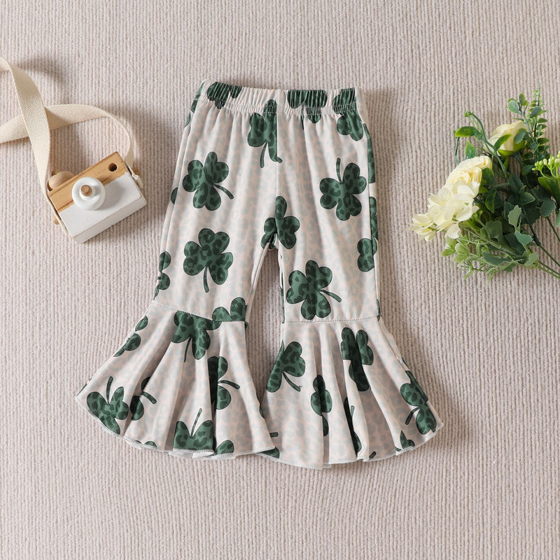 Four Leaf Grass St. Patrick's Day Letter Flying Sleeve Romper Trumpet Trousers Girls' Suit - PrettyKid