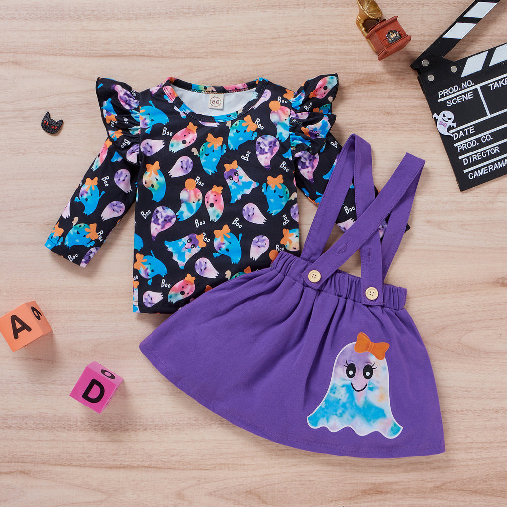 Toddler Girls Halloween Long Sleeve Purple Ghost Print Jacket Bib Skirt Suit - PrettyKid