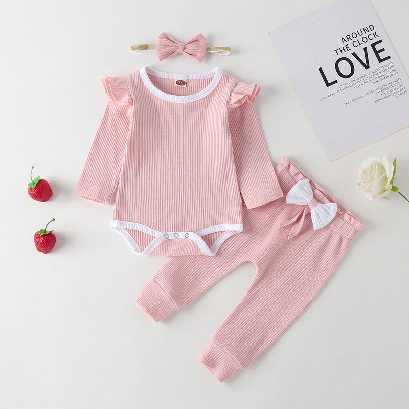 Baby Girls Solid Cotton Bow Jumpsuit Pants Three Piece Set - PrettyKid