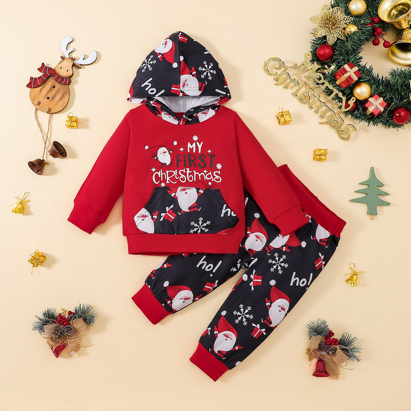 Toddler Boys Christmas Print Long-sleeved Hooded Sweatshirt and Pants Set - PrettyKid