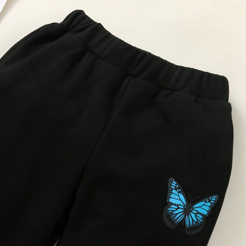 Toddler Girls Solid Blue Butterfly Print Long Sleeve Hoodie Set - PrettyKid