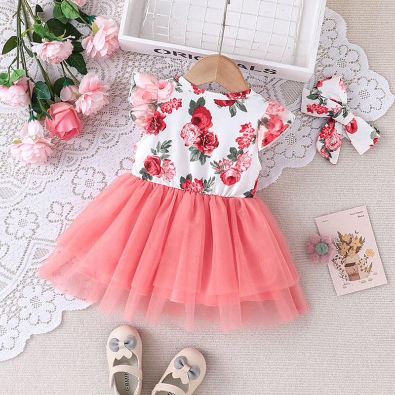 Printed Patchwork Gauze Skirt 2023 New Flying Sleeve Dress+headband Suit - PrettyKid