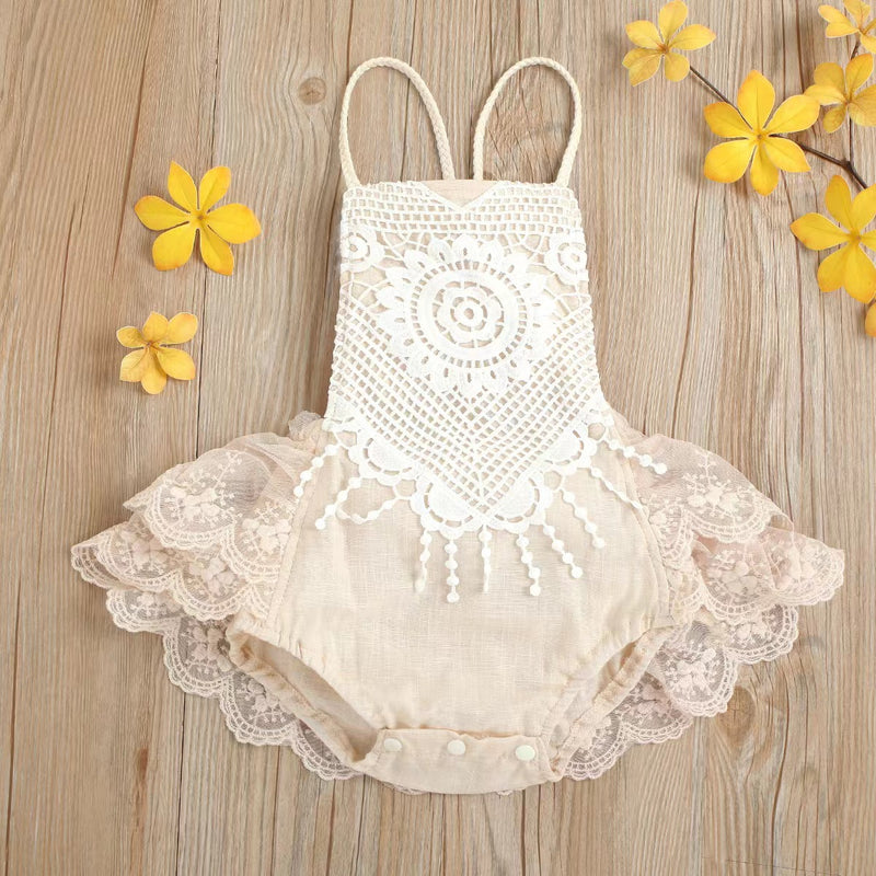 Baby Girls Solid Color Suspender Open Back Lace Mesh Lace Jumpsuit - PrettyKid